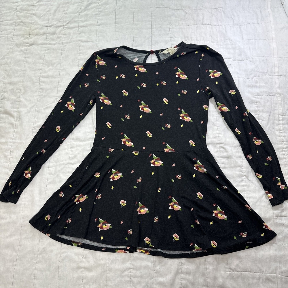 Matilda Jane Women XS Black Floral Pansy Print Long Sleeve Peplum Top Mini Dress